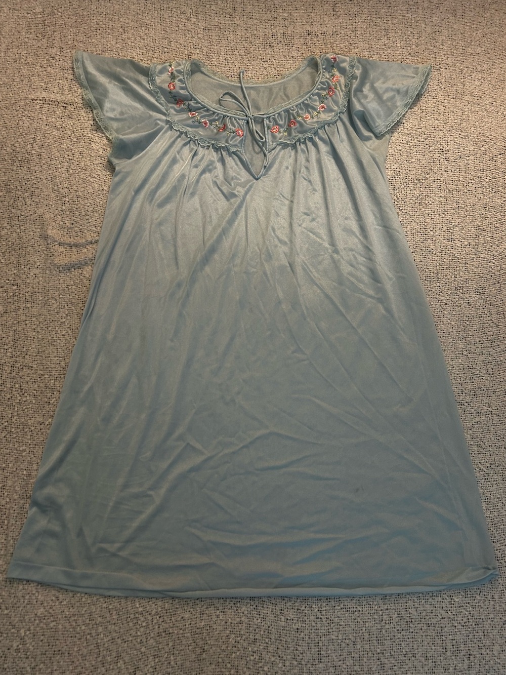 Vintage Grandmacore Light Blue Embroidered Short Sleeve Nightgown Dress